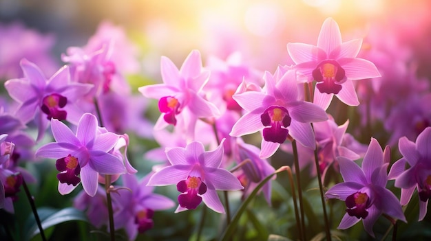 Des fleurs violettes d'orchidées en gros plan à l'heure d'or à l'extérieur