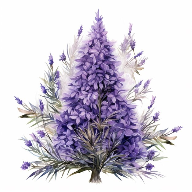 les fleurs violettes sont disposées en forme d'arbre avec des feuilles vertes ai générative