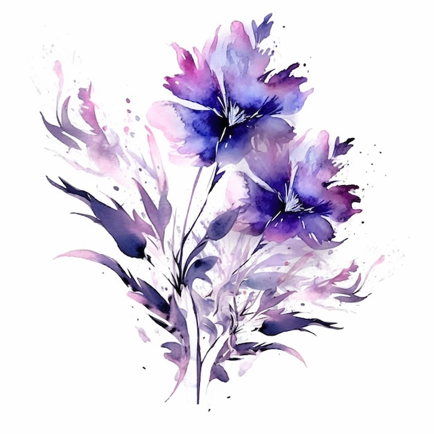 Les fleurs violettes sont peintes à l'aquarelle sur fond blanc ai générative