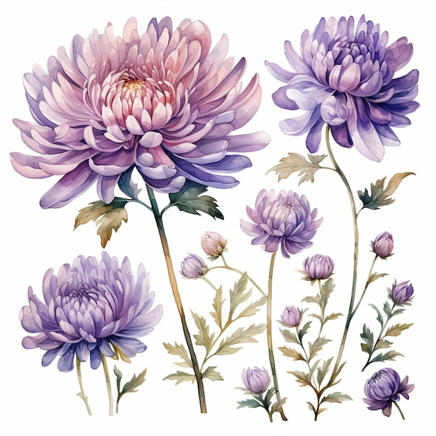 les fleurs violettes sont peintes à l'aquarelle sur un fond blanc