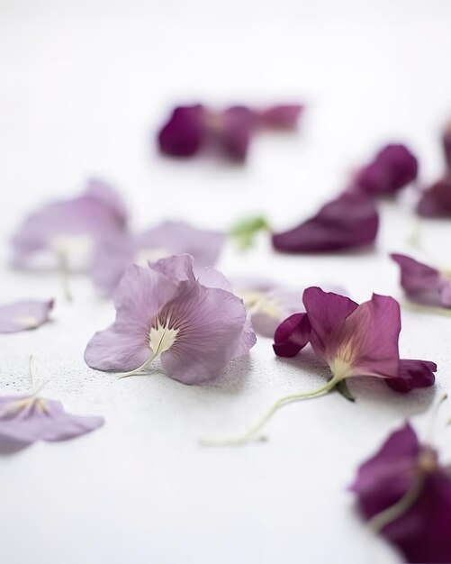 Fleurs violettes sur une surface blanche avec une qui dit "amour" dessus.