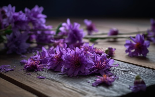 Fleurs violettes sur une table en bois avec un fond sombre