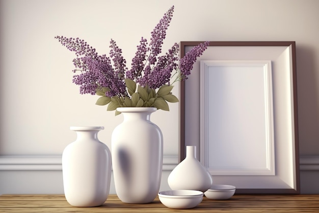 Des fleurs violettes et des vases blancs sont disposés sur une table en bois