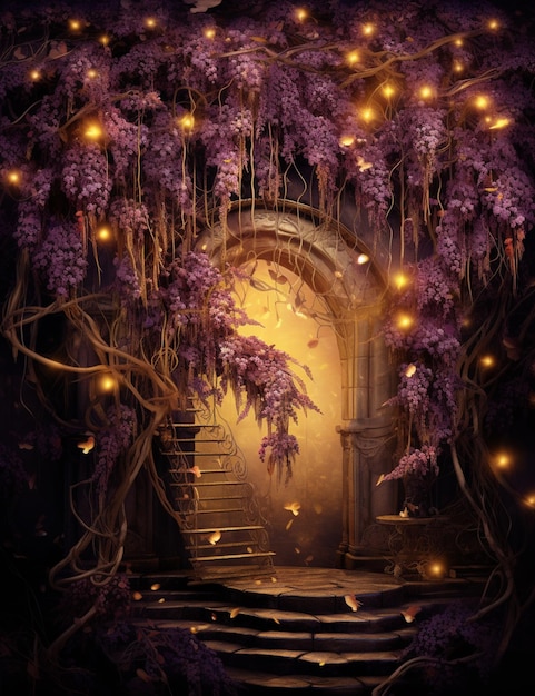 Photo des fleurs violettes et des vignes poussent sur un escalier menant à une porte ai générative