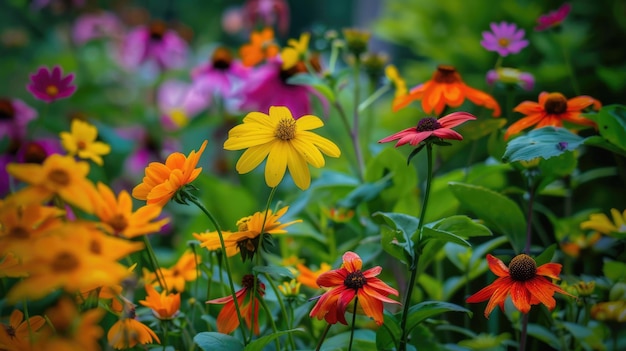 Des fleurs vives et colorées s'épanouissent dans un jardin