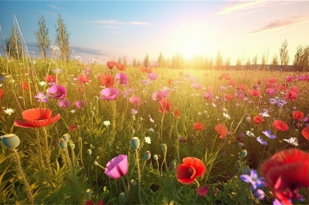 Des fleurs vives et lumineuses dans un champ avec des paysages photoréalistes au printemps et en été Aidez à sauver la planète AI générative