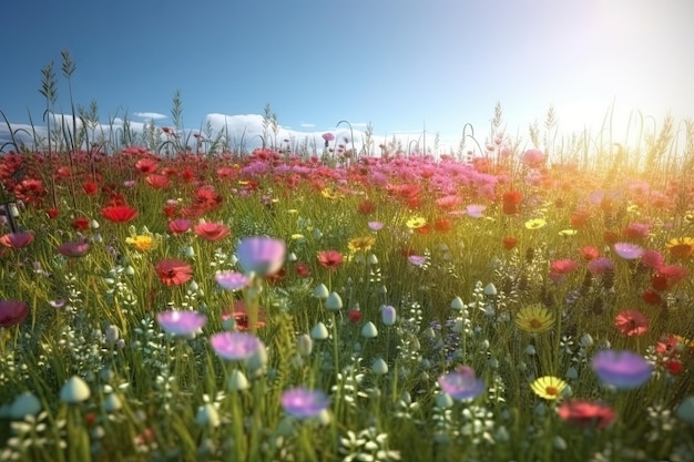 Des fleurs vives et lumineuses dans un champ avec des paysages photoréalistes au printemps et en été Aidez à sauver la planète AI générative