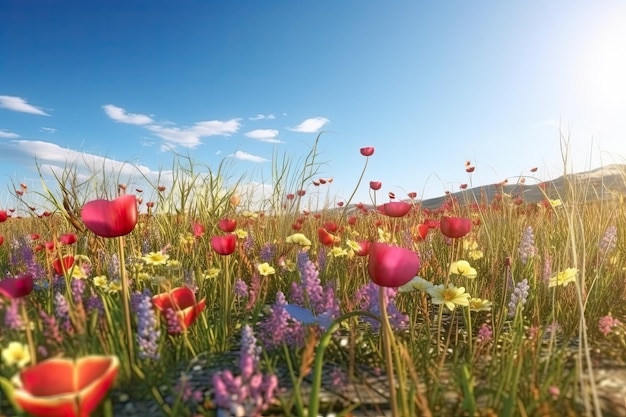 Des fleurs vives et lumineuses dans un champ avec des paysages photoréalistes au printemps et en été Aidez à sauver la planète AI générative