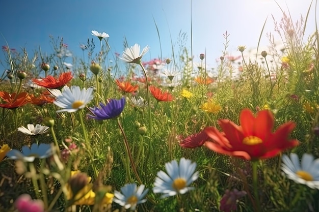 Des fleurs vives et lumineuses dans un champ avec des paysages photoréalistes au printemps et en été Aidez à sauver la planète AI générative