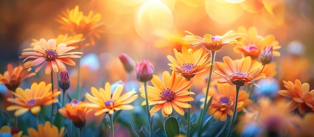 Des fleurs vives orange et jaune dans l'herbe