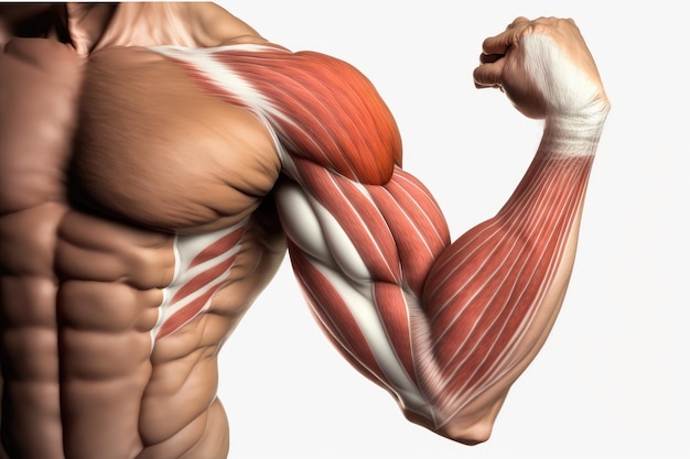 Photo flexion des fibres musculaires biceps du bras isolé sur fond blanc créé avec ai générative