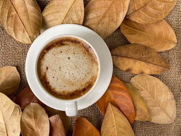 Un flic de café vue de dessus de fond de feuille sèche