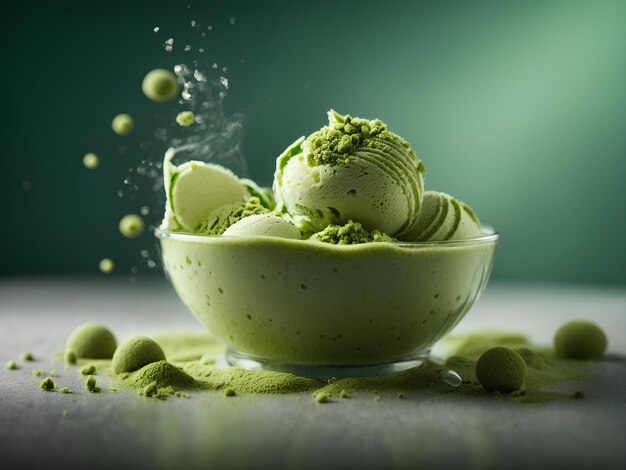 Floating Matcha gelato délicieux dessert de crème glacée rafraîchissante photo publicitaire cinématographique