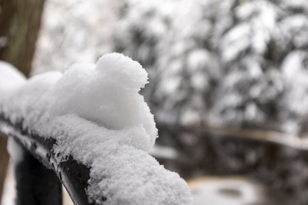 Flocon de neige sur clôture avec arrière-plan flou de rivière et arbres en hiver