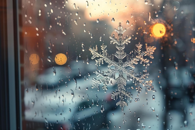 Photo un flocon de neige complexe sur une fenêtre avec des lumières de la ville brillantes