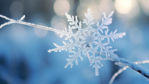 Un flocon de neige délicat sur une branche gelée