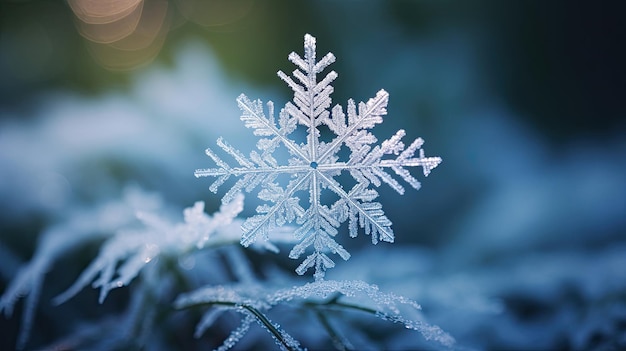 Le flocon de neige délicat qui brille sur l'aiguille de pin