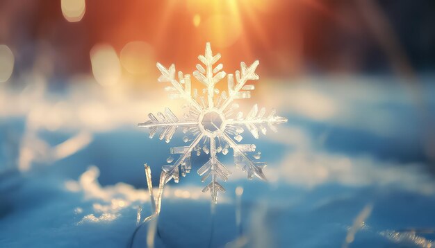 Flocon de neige sur fond de forêt enneigée floue avec le soleil