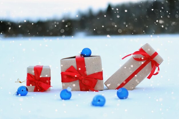 Sur le flocon de neige de paysage de boule de boîte-cadeau de neige