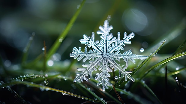 Flocon de neige scintillant posé sur une aiguille de pin