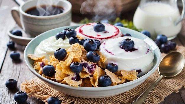 Des flocons croustillants avec des bleuets et divers yogourts pour un petit déjeuner sain