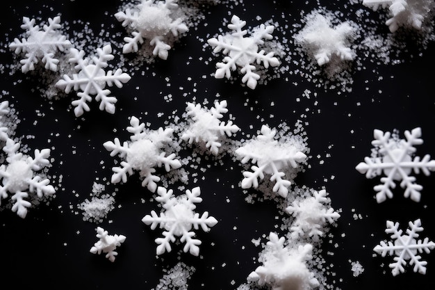 Des flocons de neige blancs, des éclaboussures de sucre dispersé, de la neige décorative, des étoiles de Noël, de la glace, de la décoration de Noël.