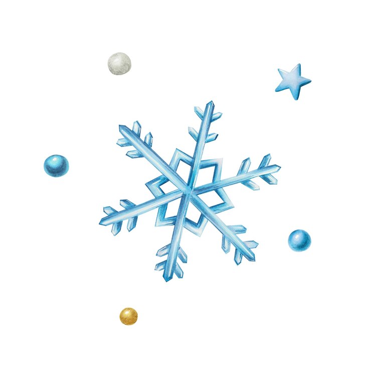 Photo flocons de neige et boules de neige clipart peinture à la main boules dorées et bleues étoiles sur un blanc isolé
