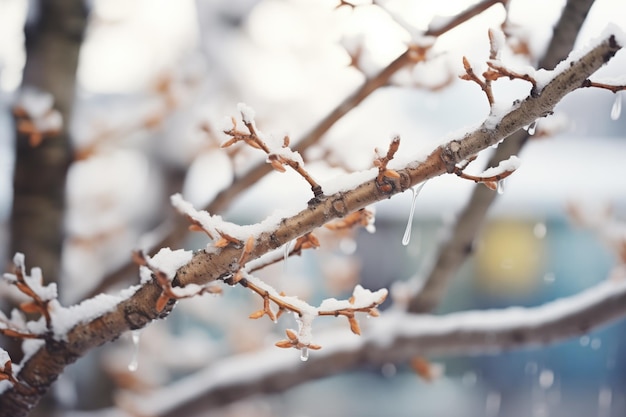 Flocons de neige sur des brindilles de prunier stériles