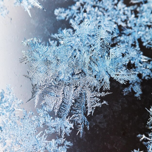 Flocons de neige et motif de givre sur le verre se bouchent