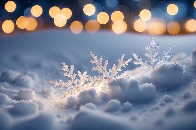 Des flocons de neige sur la neige avec le bokeh des lumières de Noël, de vrais flocons d'hiver et des cristaux d'acrylique.