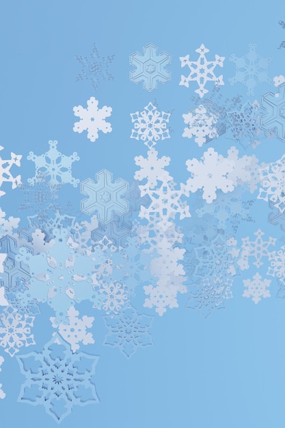 Flocons de neige de Noël blancs tombant en 3D sur fond bleu hiver Affiche verticale enneigée du nouvel an Ornement de chutes de neige Conception de carte de voeux Joyeux Noël et bonne année