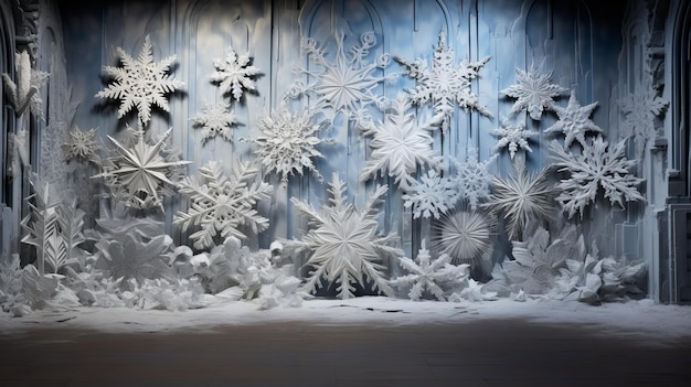 Des flocons de neige de papier découpé au laser décorent les murs et le sol.