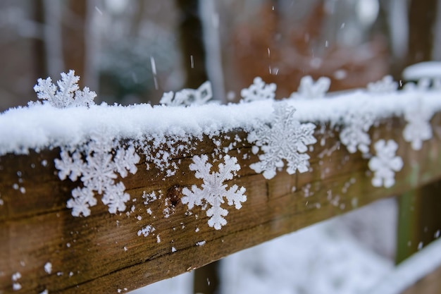 Des flocons de neige recouvrent délicatement une clôture en bois dans un paysage enneigé Des flouilles de neige fraîchement tombées se rassemblent sur une clou en bois vieillie