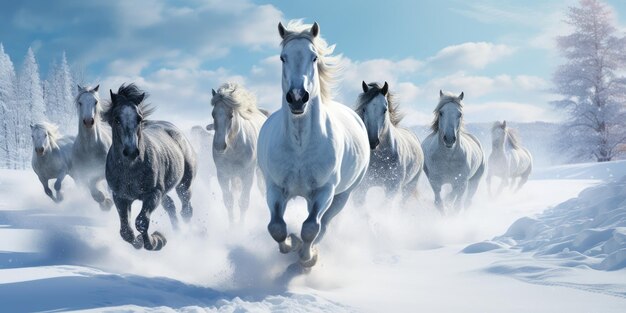 Photo des flocons de neige tourbillonnent autour de chevaux enjoués qui galopent librement à travers un paysage hivernal intacte.