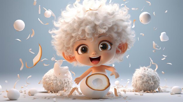 Des flocons de noix de coco et un joli visage de personnage 3D