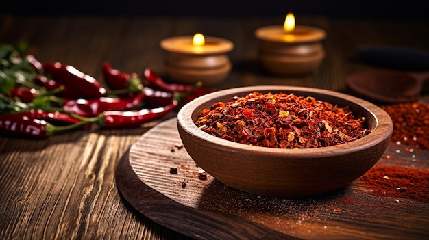 Flocons de piment sur un bol en bois avec des piments sur une table en bois IA générative