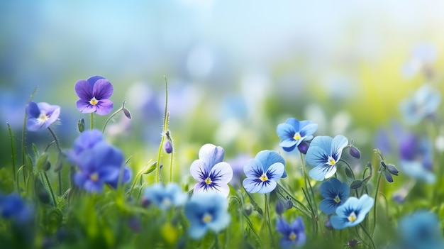 Floraison de belles pensées dans le jardin agrandi Bannière naturelle d'été avec des fleurs de pensée Illustration d'IA générative