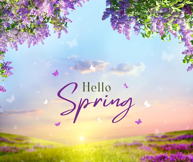 Floral illustratif naturel violet et vert Bonjour à la saison du printemps Salut Facebook Post 1