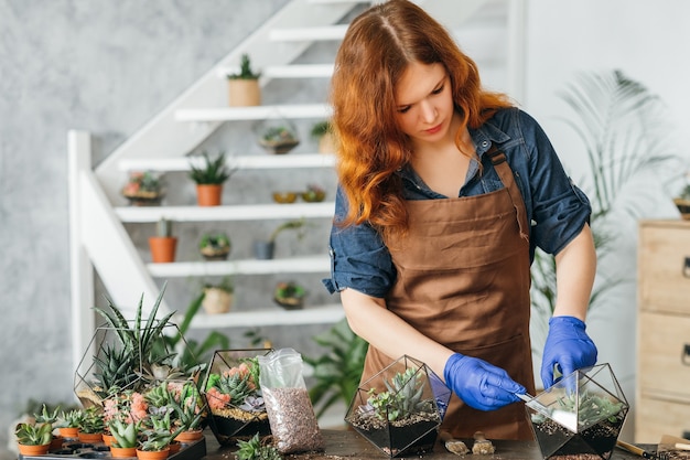 Florarium de bricolage. Entreprise de jardinage à domicile. Femme plantant des plantes grasses dans des vases de forme géométrique en verre.
