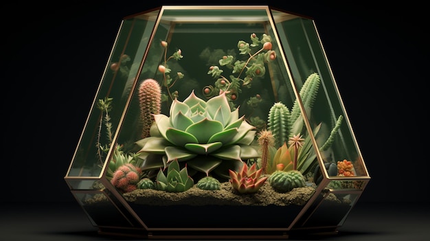 Florarium en verre géométrique avec des plantes succulentes