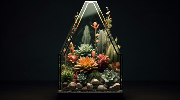 Florarium en verre géométrique avec des plantes succulentes