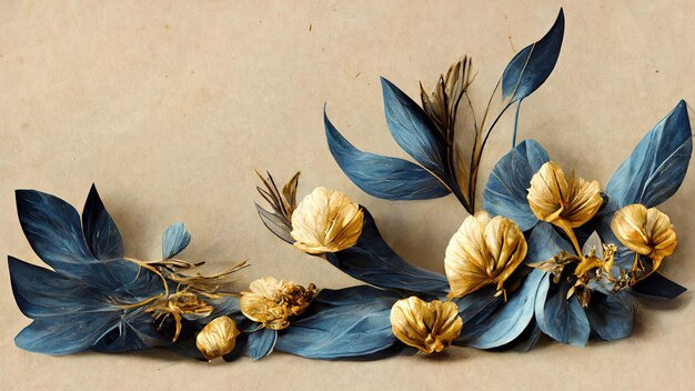 Flore fantastique Fleurs bleues élégantes avec feuille d'or et brindilles Rendu 3D Illustration raster