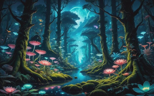 Photo flore et faune bioluminescentes nocturnes dans une forêt de rêve