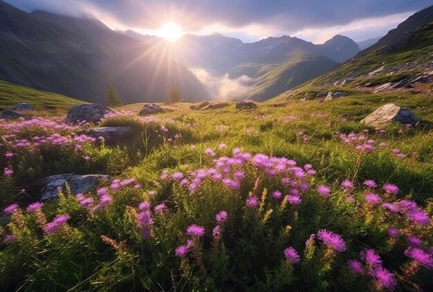 flore violette dans les montagnes dans le style beige clair et magenta