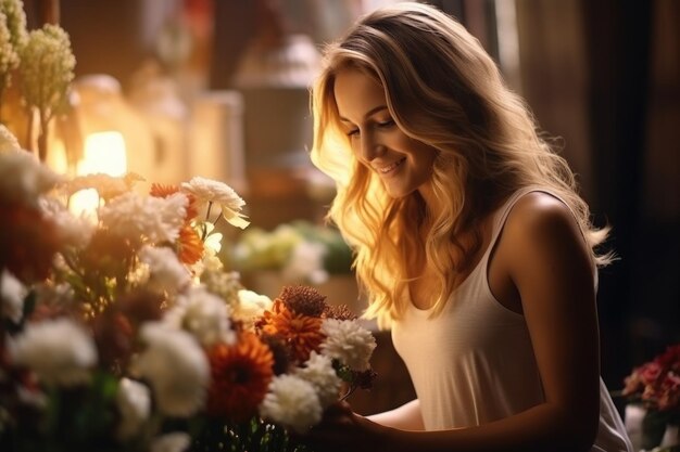 Photo une floriste choisit des fleurs pour un bouquet.