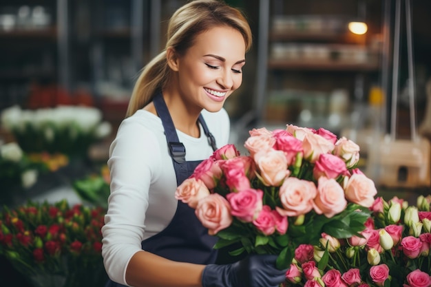 Une floriste heureuse fait ce qu'elle aime, crée un bouquet de roses et apprécie l'odeur des fleurs.