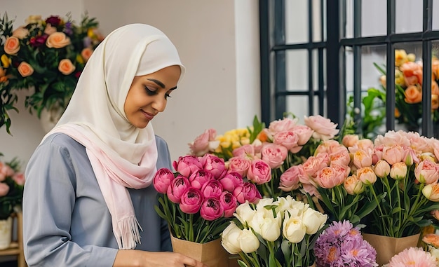 Une floriste musulmane recueille un bouquet de pions, des fleurs fraîchement coupées dans des vases dans une boutique de fleurs et des étagères à vendre.