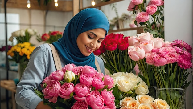 Une floriste musulmane recueille un bouquet de pions, des fleurs fraîchement coupées dans des vases dans une boutique de fleurs et des étagères à vendre.