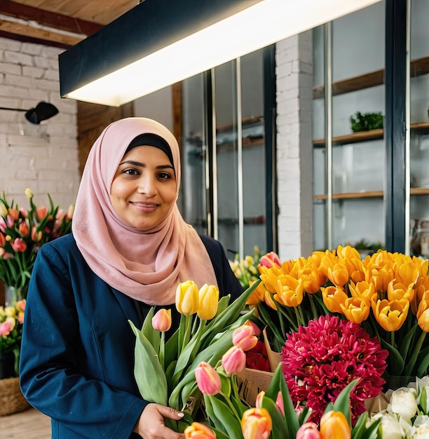 Une floriste musulmane recueille un bouquet de tulipes, des fleurs fraîchement coupées dans des boîtes et des vases dans des boutiques de fleurs et des étagères à vendre.