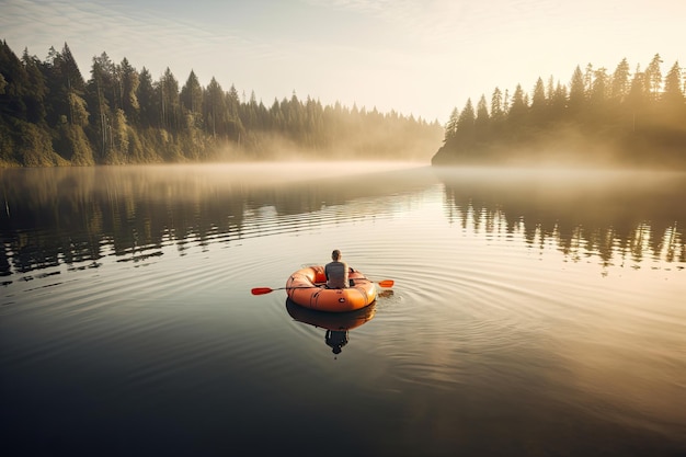 Flottant paisiblement sur un radeau au milieu d'un lac tranquille créé avec une IA générative